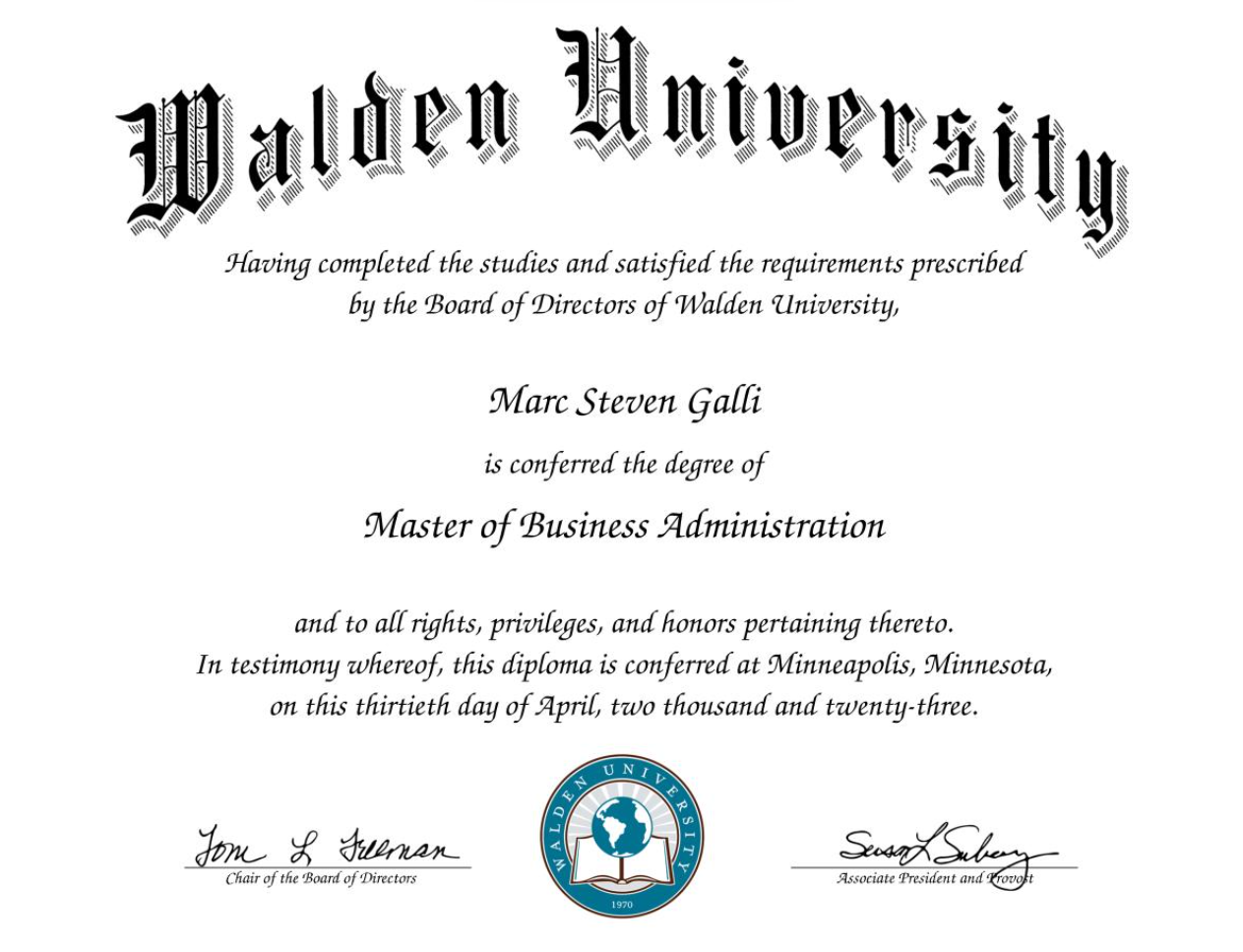 Marc S. Galli, Master of Business Administration, Walden University